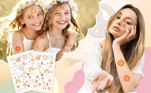 Detail of hippie temporary tattoos featuring rainbows, daisies, and peace love lettering
