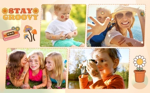 Detailed view of colorful retro hippie temporary tattoos with peace and flower power motifs