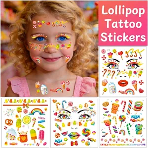 Face Tattoo Stickers Water Transfer Paper Colorful Lollipop Mermaid Butterfly Patterns For Kids Party Carnival Decor