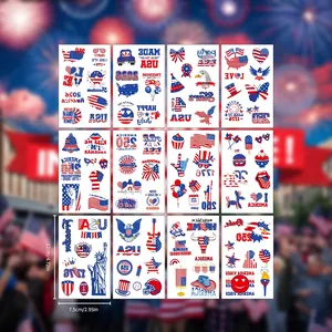 Set of 12 US Independence Day temporary tattoos featuring stars, stripes, and eagles