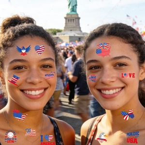 USA 250th Independence Day face tattoos with eagle and flag designs for patriotic parties
