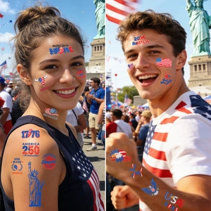 US 250th Independence Day temporary tattoos featuring American flags and eagle designs
