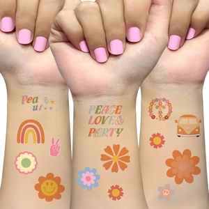 Retro hippie peace and love temporary tattoo stickers with rainbow and floral patterns