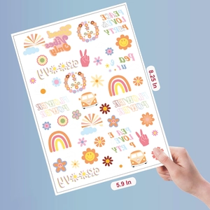 Retro hippie temporary tattoo sheet with rainbow peace signs and sunflower designs