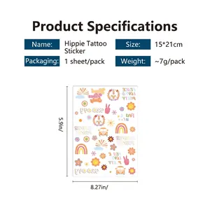 Hippie temporary tattoo sheet with rainbow, peace signs, and flower power designs