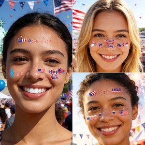 USA 250th Independence Day face tattoos with American flag patterns for party makeup