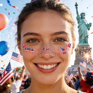 Patriotische USA-Gesichtstattoos mit Sternen und Flaggen für den Unabhängigkeitstag am 4. Juli