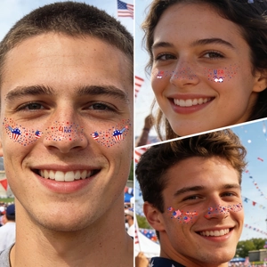 USA Unabhängigkeitstag Gesichtstattoos mit festlichen Sternmotiven in Rot, Weiß und Blau
