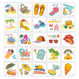 Detail set of 25 cartoon summer beach themed tattoo stickers with vibrant designs