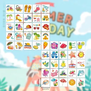 Detailed set of 50 cartoon summer beach tattoo stickers with tropical fruit and ocean motifs