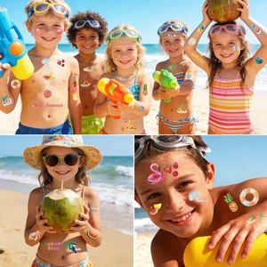 Bunte temporäre Tattoos für Kinder mit Flamingo und Wassermelone für Strandpartys