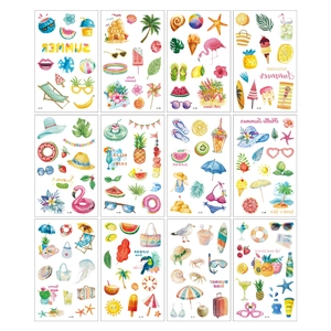 Set mit 12 wasserfesten Sommer-Tattoos im Aquarell-Stil mit tropischen Strandmotiven