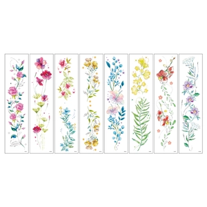 Detailed sheet of eight colorful floral temporary tattoos in watercolor realistic style