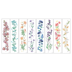 Detailed sheet of eight watercolor floral temporary tattoos with vibrant flower designs