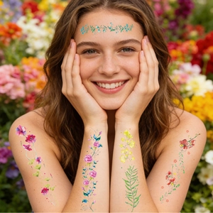 Colorful floral temporary tattoo stickers with roses and wildflowers on a woman's arm