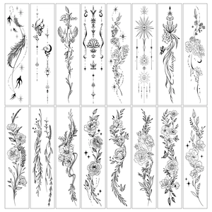 Collection of black fine-line temporary tattoos featuring floral, butterfly and celestial motifs