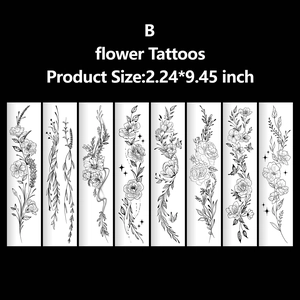 Set of 8 floral temporary tattoos in black line style measuring 2.24 by 9.45 inches