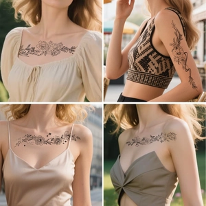 Black floral temporary tattoo stickers for collarbone and arm with rose line art patterns