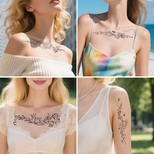 Floral black line temporary tattoos with moon and stars for collarbone and arms