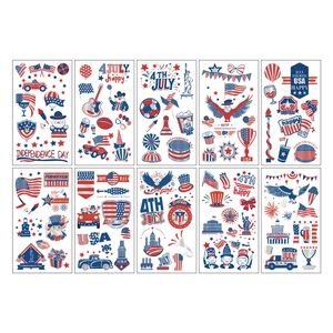 Flat lay of 10 July 4th temporary tattoo sheets with USA flags and eagle designs