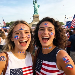 Independence Day temporary tattoos featuring American flag and Liberty designs on model