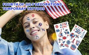 Detail of Fourth of July temporary tattoos with US flags and patriotic motifs on face