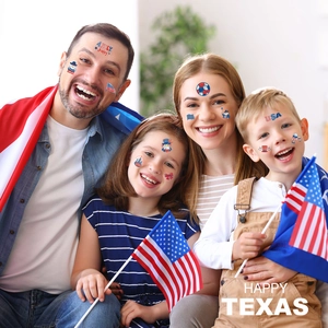 Family wearing patriotic USA July 4th temporary face tattoos with stars and flags