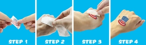 Macro steps showing application of USA flag top hat temporary tattoo stickers