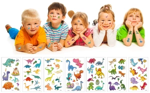 Luminous dinosaur temporary tattoo set showing 7 cartoon sheets on kids face and arms