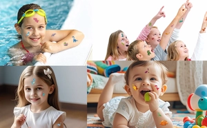 Kids glowing dinosaur temporary tattoos shown applied on skin in various outdoor scenes