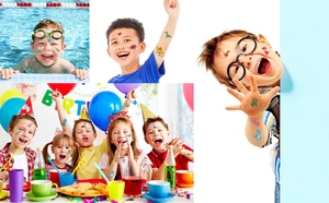 Waterproof cartoon dinosaur temporary tattoos for kids shown in swimming and party scenes