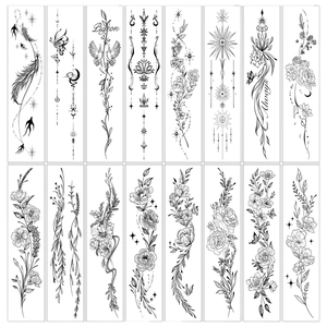 Set of 16 floral and geometric temporary tattoos featuring birds, roses, and butterflies