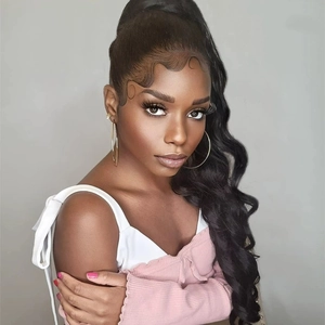 Long wavy black hair tattoo sticker with baby hair edge styling on lace front wig