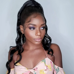 Black wavy half-up ponytail wig with natural baby hair edges for a realistic hairline look
