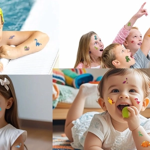 Colorful cartoon dinosaur temporary tattoos for kids featuring T-Rex on arms and face
