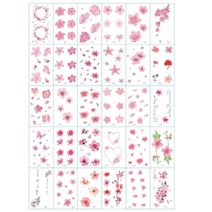 Detailed sheet showing 30 pink cherry blossom and floral waterproof tattoo designs