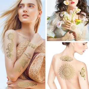 Golden metallic temporary tattoos with mandala and bohemian floral lace patterns for women