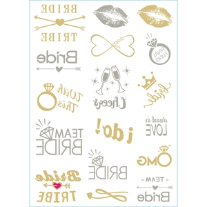 Detail of rose gold and silver Bride temporary tattoos with ring and heart icons