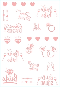 Pink bachelorette party temporary tattoos with Bride Tribe and Team Bride slogans