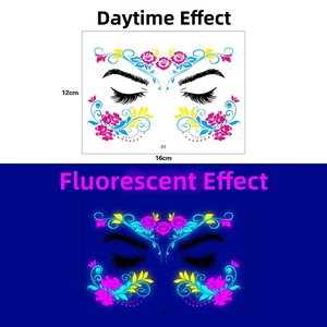 Detailed view of neon floral face tattoo with dimensions of 16cm x 12cm for festivals