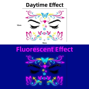 Neon butterfly face tattoo stickers showing day and glowing night effects