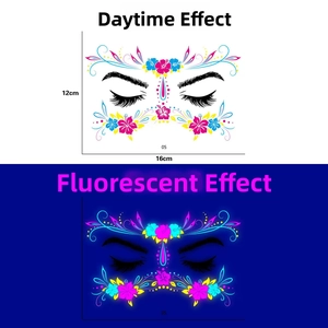 Neon butterfly face tattoo stickers for music festivals showing day and glow effects