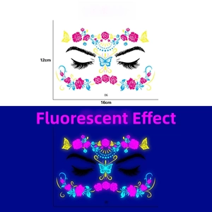 Glow-in-the-dark butterfly and rose face tattoo stickers showing day and night neon effects