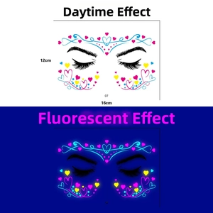 Luminous face stickers with neon heart patterns for music festivals measuring 16x12cm