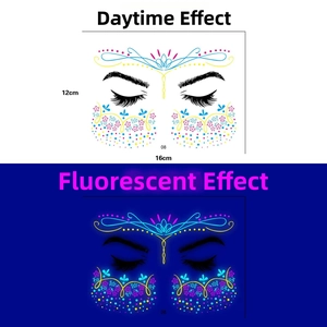 Neon floral face tattoo stickers showing day and night glow effects for music festivals