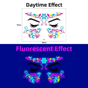 Neon glow floral face tattoo sticker with 16x12cm dimensions showing day and night effect