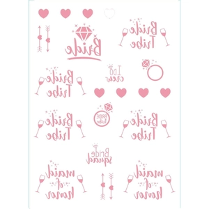 Rose gold temporary tattoos for bride tribe bachelorette party featuring heart and ring motifs