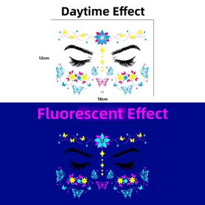 Day vs neon glowing effect of butterfly face tattoo stickers for festivals, 12x16cm
