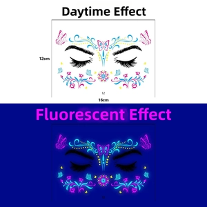 Glow-in-the-dark butterfly face tattoos showing day and neon fluorescent effects in 16x12cm