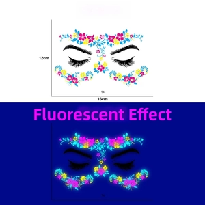 Neon floral face tattoo day and glow effect comparison showing 16x12cm size